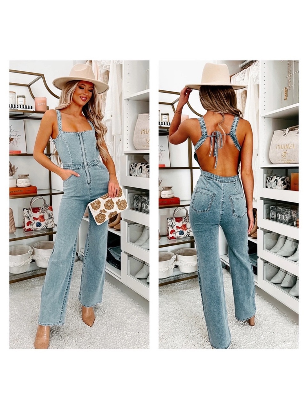Blue Blush Denim Wide-Leg Sleeveless Denim Jumpsuit XS Tie Back Pockets